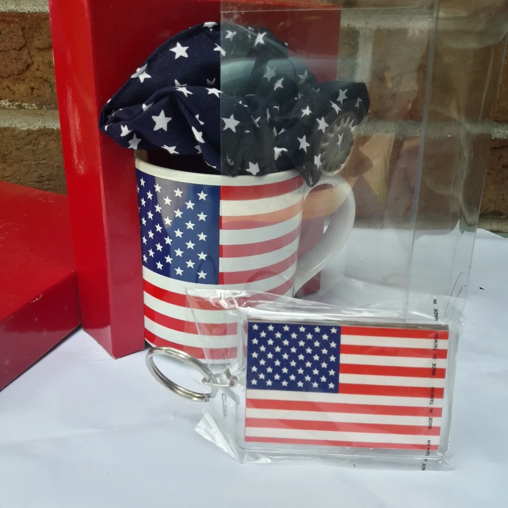 NWT American Flag Gift for him Key Chain Mug Set and Pony Tail Tie Patriot - Picture 2 of 9